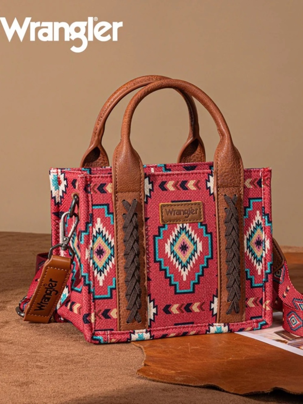 Wrangler Aztec Print Braided Detail Tote Bag Burgundy